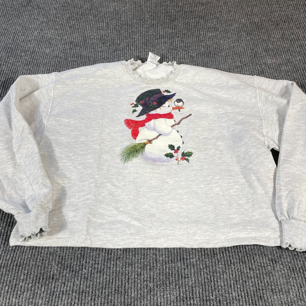 VTG Jerzees Sweatshirt Womens XL Gray Christmas Snowman Retro 90s Ruffle‎ Neck